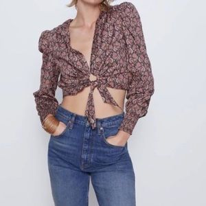Zara Floral Print Long Sleeve Tie Front Crop Top S